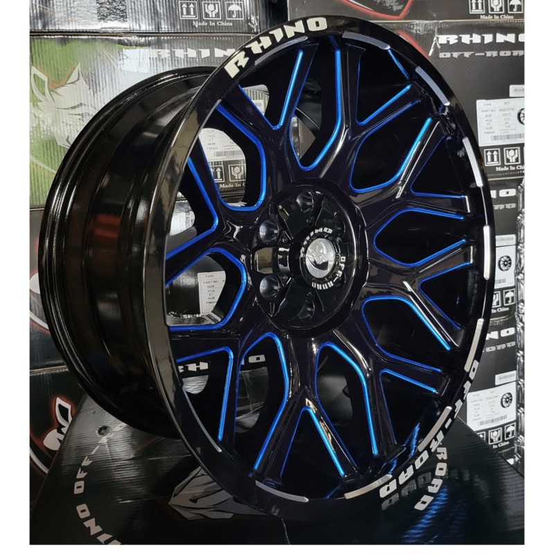 SET OF 4 20X10 RHINO PREDATOR OFFROAD WHEELS BLUE MILLING WINDOW & RIVETS 8X165.1
