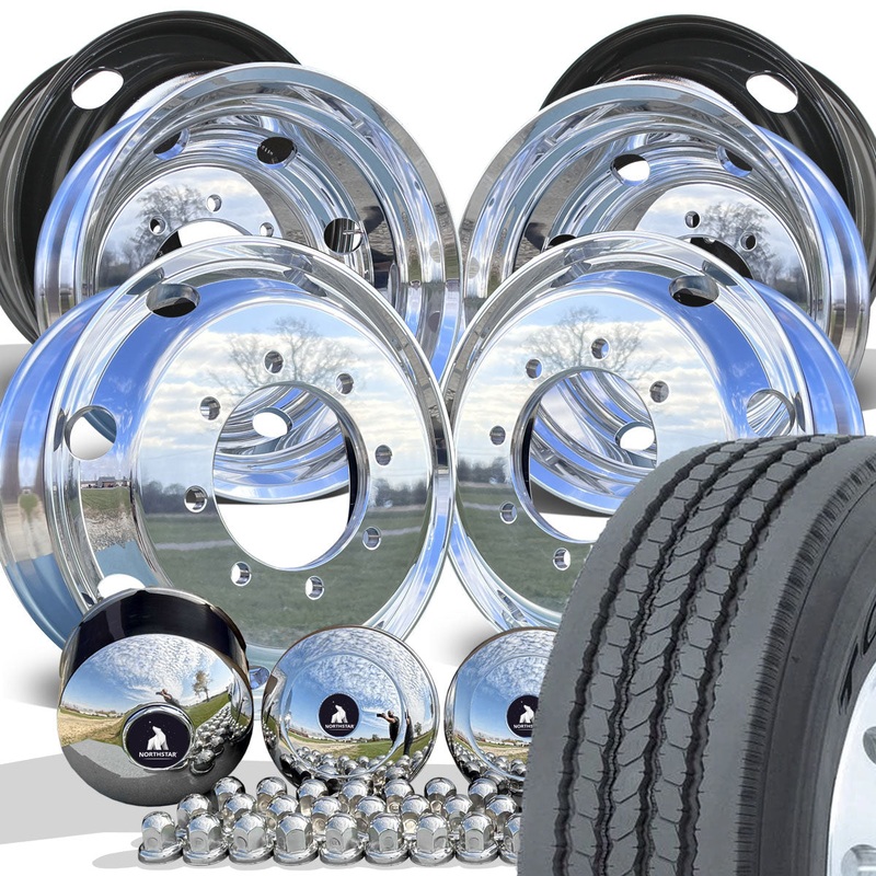 TOYO M122 Highway Tread Mounted On 22.5 Northstar Aluminum Polished Chevy 4500/5500 Wheel Kit (8×275)