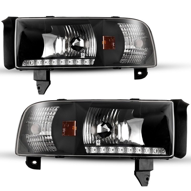 For 1994-2002 Dodge Ram 1500 2500 3500 LED DRL Head Lights – Black/Clear