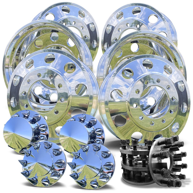 24″ Polished Aluminum Wheels w/ Adapter Kit and Chrome Caps (Ford F350 DRW 2005-Present)