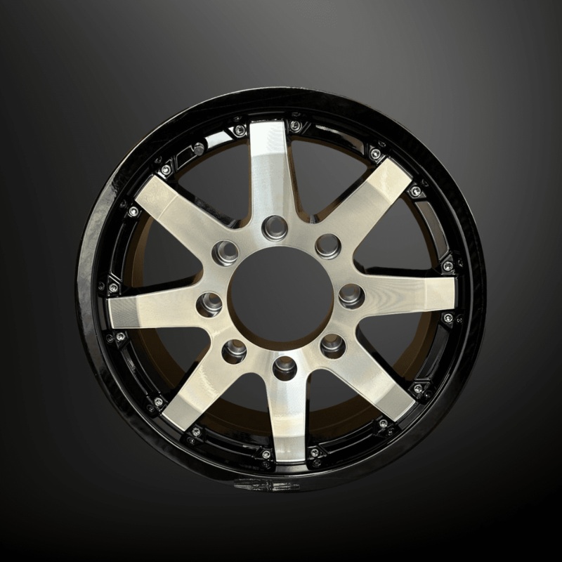 SET OF 4 RHINO CLASSIC 801 16×6 8×6.5 BLACK MACHINE FACED TRAILER WHEEL