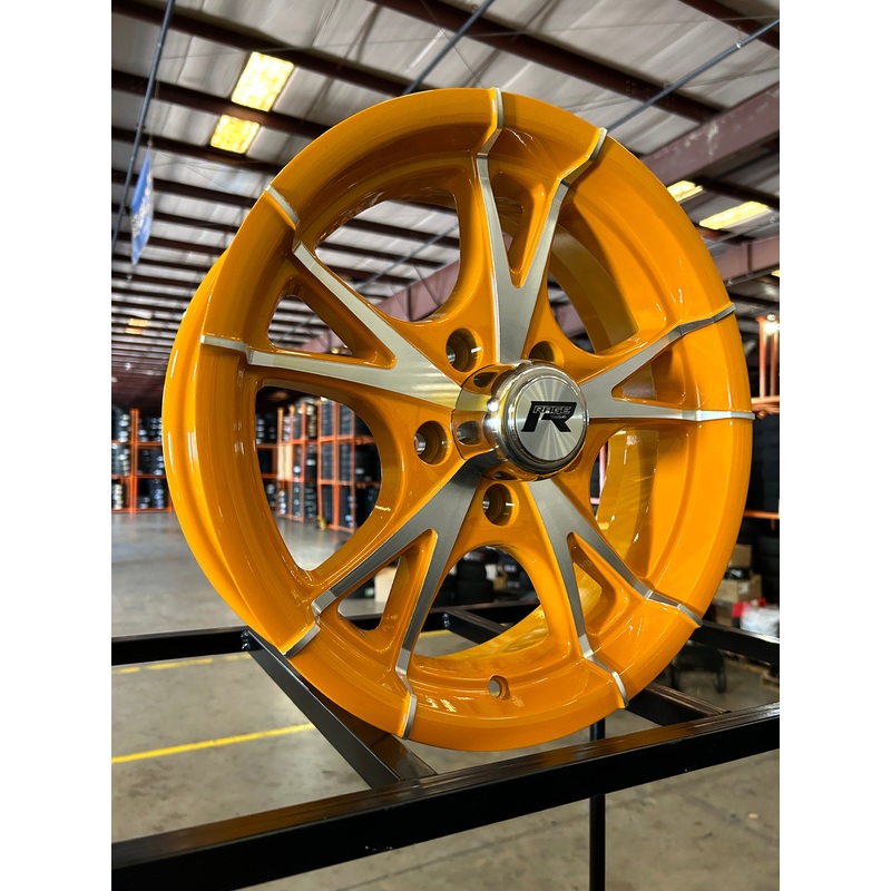 SET OF 2 RHINO ALUMINUM TRAILER RV WHEEL CW515 15X5, 5X4.5 5 LUG ORANGE MACHINE