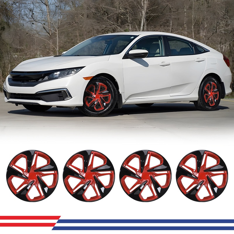 WINJET 16′ Hubcaps Wheel Rims Cover for 2016-2025 Honda Civic SEDAN – Black Lacquer & Red Lacquer