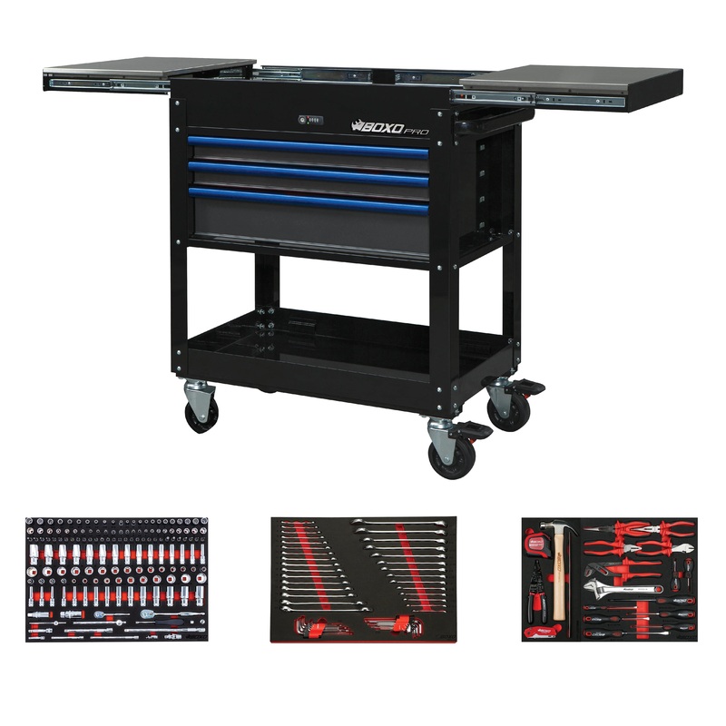 Boxo USA – Pro Series | 35″ 3-Drawer Slide-Top Service Cart Tool Box Black with Blue Handles 35SBM-BK-B
