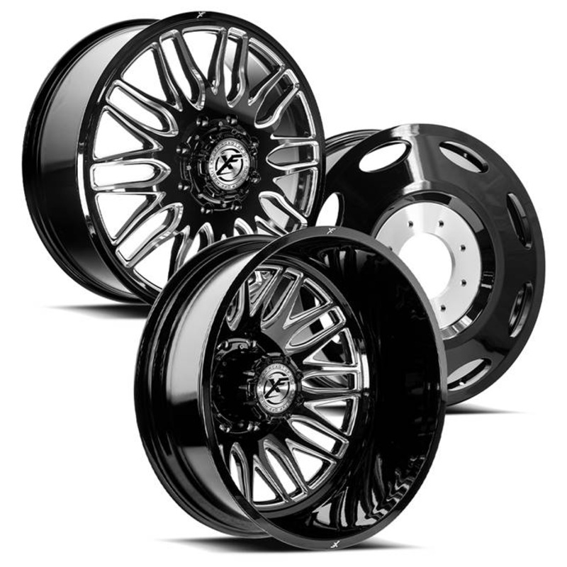 20×8.25 XF Off-Road XF-240 Gloss Black Milled FORD F-450/F-550 DODGE 4500/5500 DUALLY Wheels 10×225 Set of 6 (Fits UP to 12.50 tire)