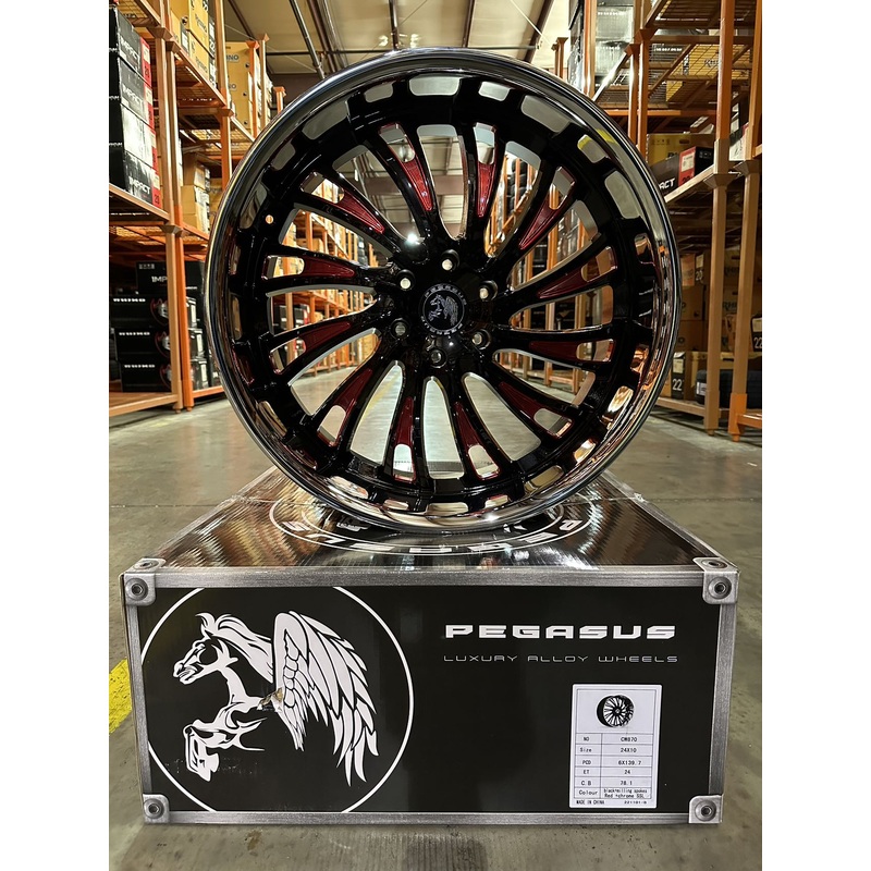 SET OF 2 PEGASUS 24×10 + 2 PEGASUS 24×9 STAGGERED STREET 6X139.7 BLACK RED MILLED WITH CHROME