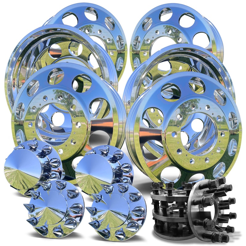 24 Big Hand Hole Forged Wheels & 8-to-10 Lug Adapter Kit  Fits 19772000 Chevy 3500, K30, P30 DRW  Mirror Polished (6 Wheels w/ Chrome Caps)