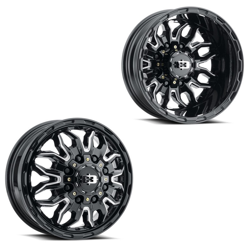17×6.5 Vision 410 KorUPt Gloss Black Milled 05-UP FORD 19-UP DODGE DUALLY Wheels 8×200 Set of 4 (Fits Stock Tire Sizing)