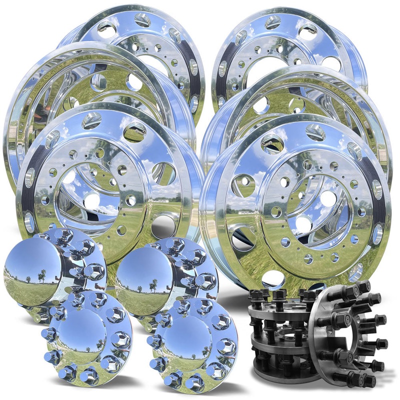 22″ Polished Aluminum Wheels w/ Adapter Kit and Chrome Caps (Chevy/GMC 3500 DRW 2001-2010)