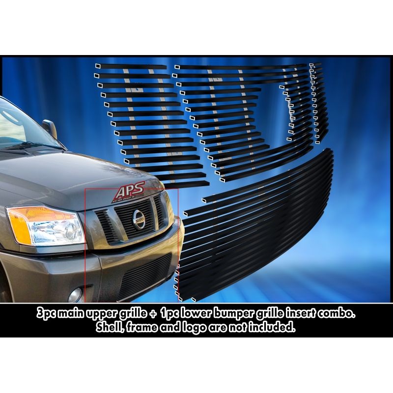APS GR14FGH14J Main Upper & Lower Bumper Black Stainless Steel Billet Grille Fits 2008-2015 Nissan Titan