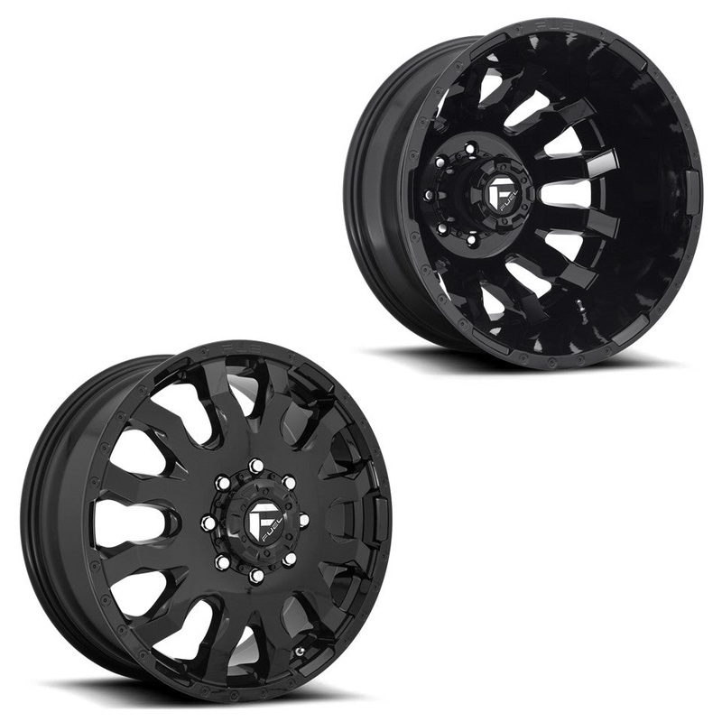 20×8.25 D675 Fuel Blitz Gloss Black 11-UP GM DUALLY Wheels 8×210 Set of 6 (Fits UP to 13.50 tire)