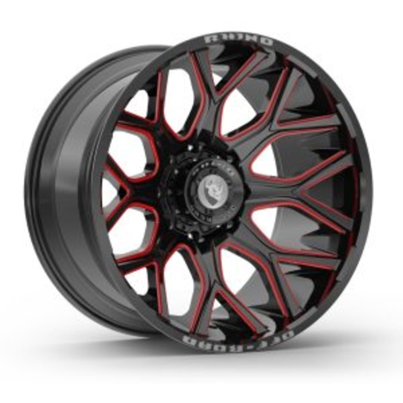 SET OF 5 20X10 RHINO PREDATOR OFFROAD WHEELS RED MILLING WINDOW & RIVETS 139.7+150X10H