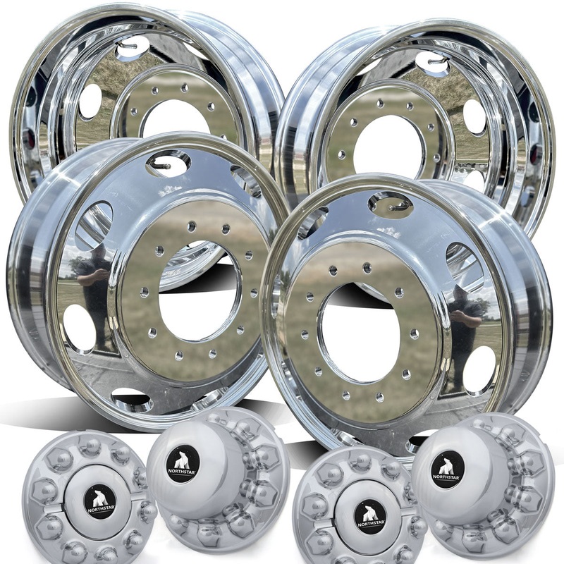 19.5×6.00 Northstar Mirror Polished Both Sides Ford F450/F550 DRW 4 Wheel Kit (Oval Hole Design)