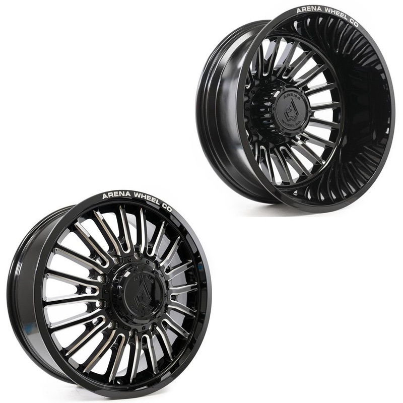 20×8.25 Arena A113 Thunder Gloss Black and Milled FORD F-450/F-550 DODGE 4500/5500 DUALLY Wheels 10×225 Set of 6 (Fits UP to 12.50 tire)