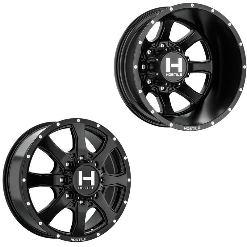 22×8.25 Hostile H403 Kodiak Satin Black PRE-11 GM PRE-19 DODGE DUALLY Wheels 8×6.5 Set of 6 (Fits UP to 12.50 tire)