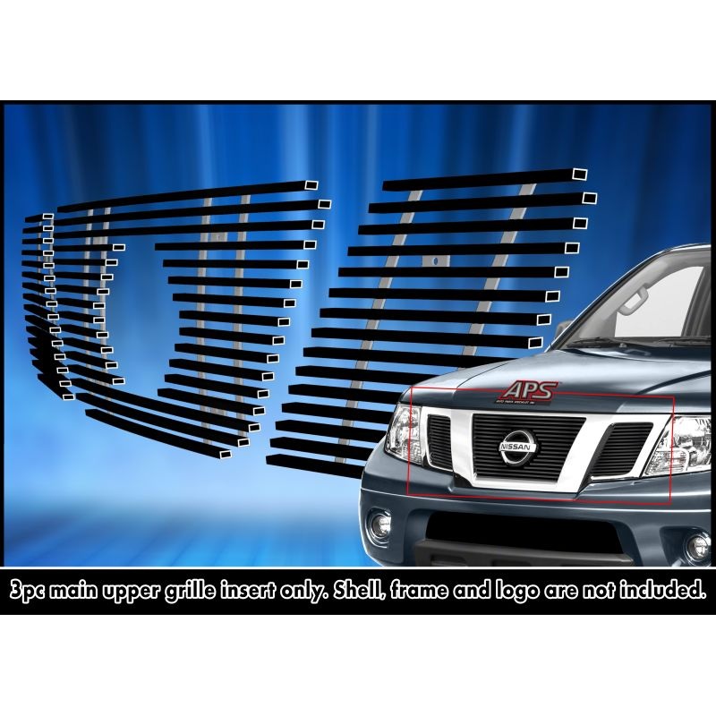 APS GR14FFD32J Main Upper Black Stainless Steel Billet Grille Fits 2005-2008 Nissan Frontier