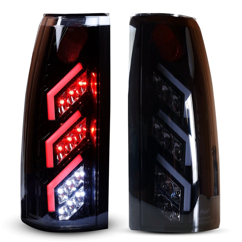For Chevrolet 1988-1998 CK/1992-1994 Blazer/1992-1999 Suburban/1995-1999 Tahoe, GMC 1988-1998 CK/1992-1999 Yukon, Cadillac 1999-2000 Escalade LED Tail light – Black/Smoke