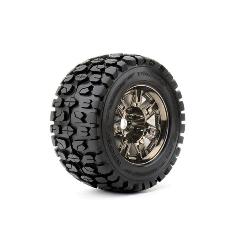 Roapex Tracker 1/8 Monster Truck Tires Mounted on Black Wheels,