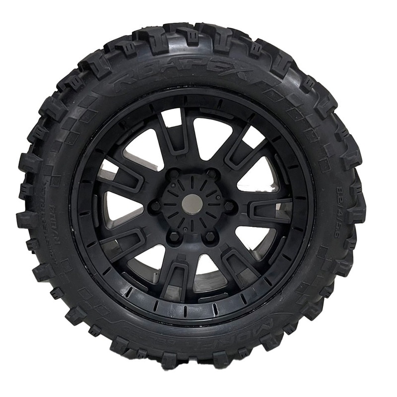 Roapex Morph Belted 8S Monster Truck Tires, Mounted on Black