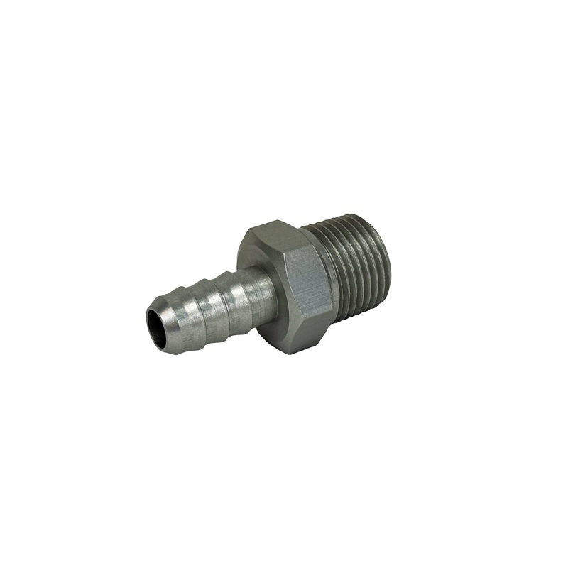 Adapter Fitting | 3/8″ NPT Male to 5/16″ Hose Barb | Straight | Aluminum | Clear Anodized | PF-4200-C