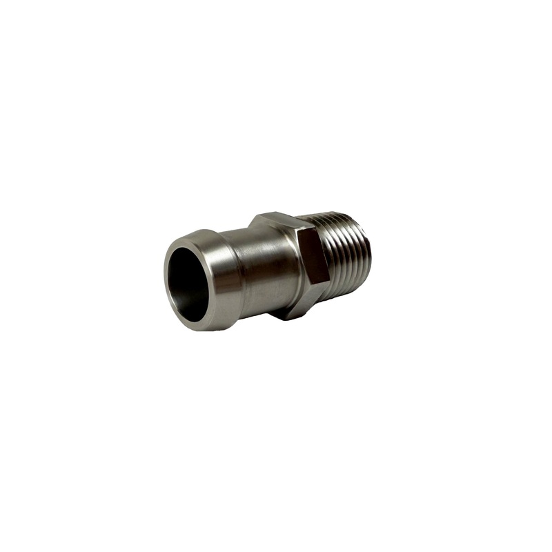 Heater Hose Fitting | 1/2″ NPT Male to 3/4″ Hose Barb | 1-3/4″ Long | Straight | Stainless Steel | PF-1003-SS